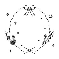 Minimalist Christmas wreath vector illustration simple line art design with bow and stars isolated on white background