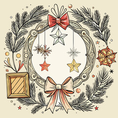 Elegant Christmas wreath with bows and stars hand-drawn illustration for holiday decoration greeting card or festive design