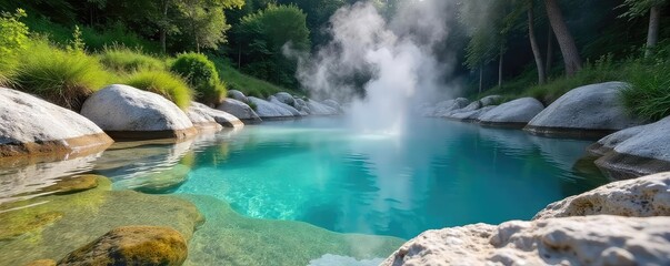 Steam rises from a crystal-clear natural hot spring pool, surrounded by lush green vegetation and smooth, grey rocks The tranquil scene evokes serenity and natural beauty , mist, water