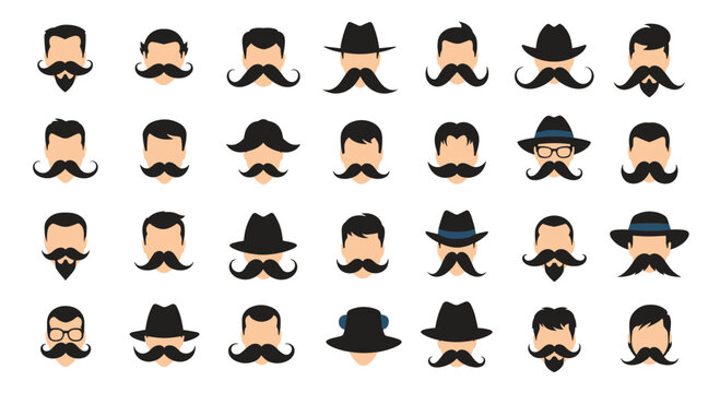A collection of diverse hipster mustache and hat styles.