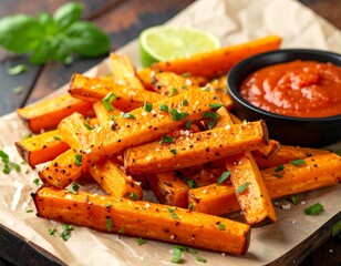 A pile of sweet potato fries with dipping sauce and a lime wedge on brown parchment paper, dark wood background