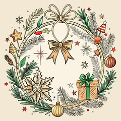 Hand-drawn Christmas wreath illustration with festive ornaments and decorations perfect for holiday cards and seasonal designs