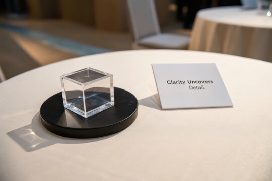 A clear acrylic cube object displayed on a table with an informational card
