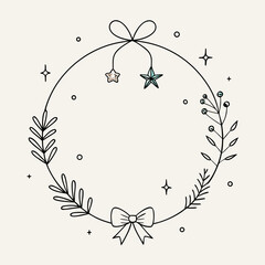 Hand-drawn Christmas wreath with stars and bows simple line art vector illustration perfect for holiday cards and decorations