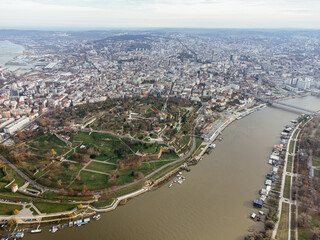 Aerial top view to Kalemegdan fortress at Belgrade. Summer photo from drone. Serbia.