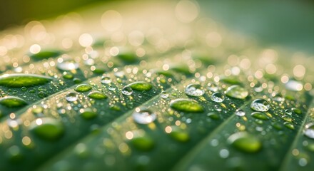 Macro close-up of water droplets sparkling on the deep green, ribbed surface of a leaf with bokeh highlights.