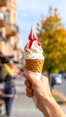 A hand holds a soft serve ice cream cone drizzled with red sauce, with a blurred city street in the background