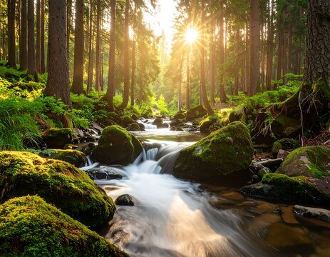 Sunlit flowing stream in a dense, lush green forest