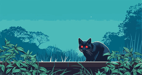 Czarny kot z czerwonymi oczami siedzący w trawie na tle nocnego nieba, wektor.