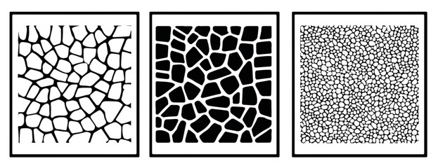 Fototapeta premium Trzy geometryczne wzory z nieregularnymi, wielokątnymi kształtami, czarno-białe