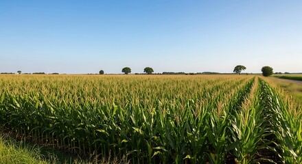 Obraz premium Lush Cornfield Under a Clear Blue Sky on a Sunny Day.
