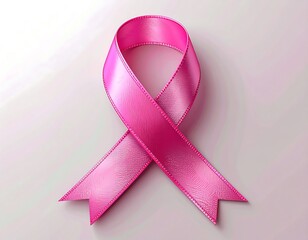 A pink awareness ribbon rests on a pale pink surface with a soft shadow