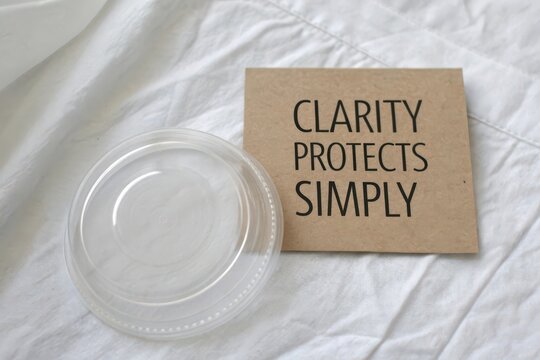 Clear circular lid and card with clarity message on white textured surface