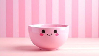 A pink bowl with a cute, simple smiling face, against a striped pink background, on a pink surface