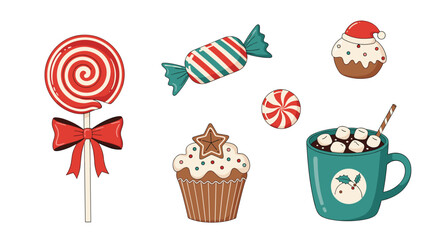 A sweet collection of festive holiday treats including a swirl lollipop a candy cane wrapper cupcake and hot cocoa.
