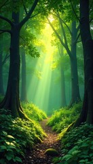 Obraz premium Sun-dappled forest floor, lush green undergrowth, sunlight filtering through leaves, creating a magical woodland scene Perfect for fantasy, nature, or fairytale projects , calm, light, mossy