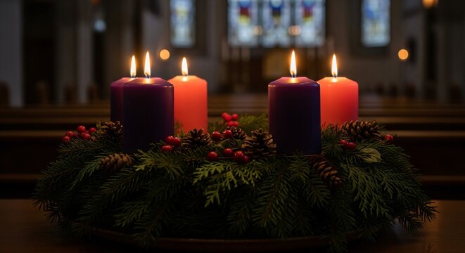 Advent Sunday Wreath Candles Lit in Church Celebrating Hope and Christmas Tradition