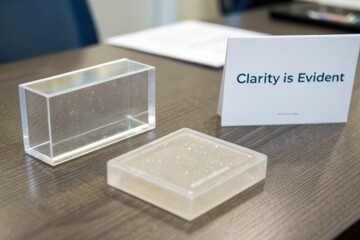 Transparent and frosted acrylic blocks with clarity card on tabletop