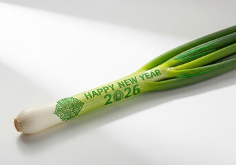 Fresh Spring Onion Wishing Happy New Year 2026: Culinary Festive Greetings on White Backdrop, Healthy Cooking Celebration