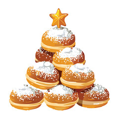Miniature Christmas Tree Shaped Doughnut Stack with Powdered Sugar Icing and a Star Topper for Holiday Celebrations - Vector Illustration