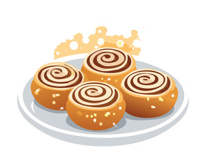 Plate of Golden Cinnamon Rolls Dusted with Sugar or Nuts, Perfect for a Delicious Winter Holiday Breakfast or Snack - Vector Illustration