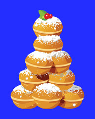Stack of Golden Christmas Doughnuts or Fritters Piled High and Dusted with Powdered Sugar for a Festive Dessert - Vector Illustration