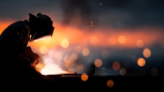 Welder working silhouette against vibrant sunset sky industrial backdrop
