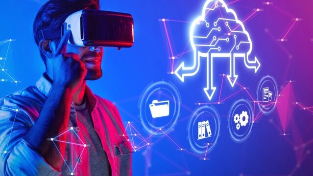 A young man engages with a virtual reality headset representing modern cloud technology. The image showcases immersive experiences and digital interaction. Raster - Powered by Adobe