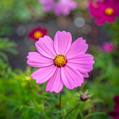 A pink cosmos flower, bright yellow center, stands out against a blurred garden background