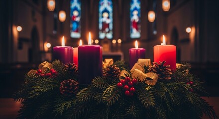 Advent Wreath Candles Lit in Church Celebrating First Sunday of Christmas Tradition