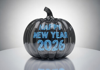 Futuristic New Year 2026: Dark Glass Pumpkin with Glowing Blue Text on Table
