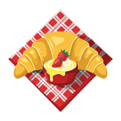 French Breakfast Set: Croissant with Jam and Butter, Served on a Red and White Checkered Cloth with Berries - Vector Illustration