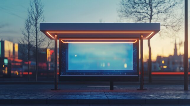 Bus stop with neon lights at sunset in a quiet city street