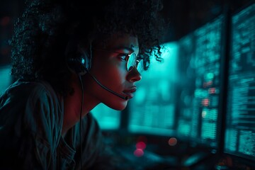 Woman hacker wearing headset coding on multiple screens