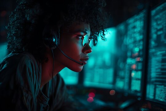 Woman hacker wearing headset coding on multiple screens