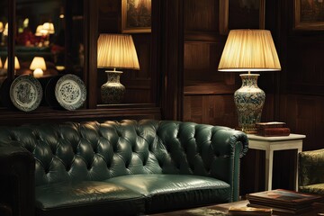 Elegant Dark Green Tufted Leather Sofa in Dimly Lit Room with Lamps and Plates