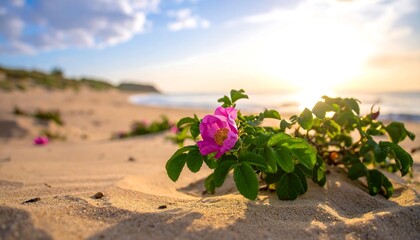A pink flower blooms on a sun-kissed sandy beach with rolling hills in the distance and a vibrant sunrise