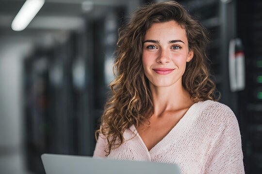 Woman it engineer smiling holding laptop in server room