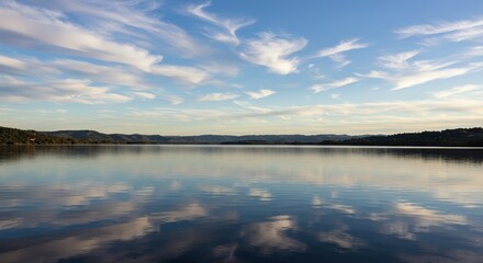 A vast, tranquil reservoir lake reflecting the sky and surrounding natural landscape. Calm water surface under a clear or cloudy sky ,horizon ,spring ,calm