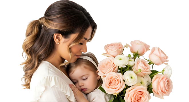 Mother Daughter Love Affection Tenderness Roses Bouquet Family Romance Child