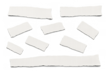 Torn paper strips set displaying rough edges, blank notes and ripping texture, with soft shadow on transparent background