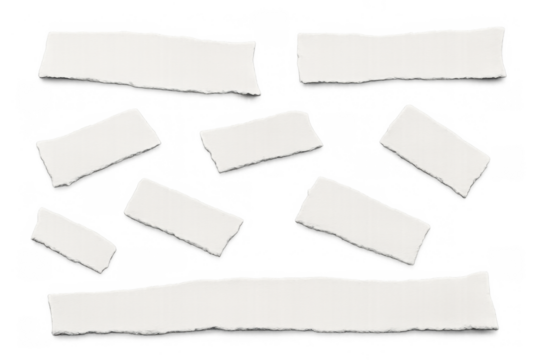 Torn paper strips set displaying rough edges, blank notes and ripping texture, with soft shadow on transparent background