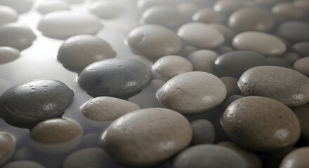 Close-up of smooth, rounded river stones and pebbles partially submerged in shallow water with droplets and a hazy background.