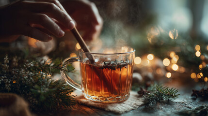 Christmas-themed moment with a steaming glass of hot tea being stirred with a cinnamon stick, surrounded by festive decor and lights, creating a warm and cozy ambiance. Image made using Generative AI.