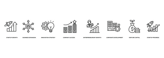Banner Startup Company Growth icon. Startup Growth, Business Expansion, Innovation Strategy, Company Success, Entrepreneurship Growth, Corporate Development, Venture Capital, Startup Progress