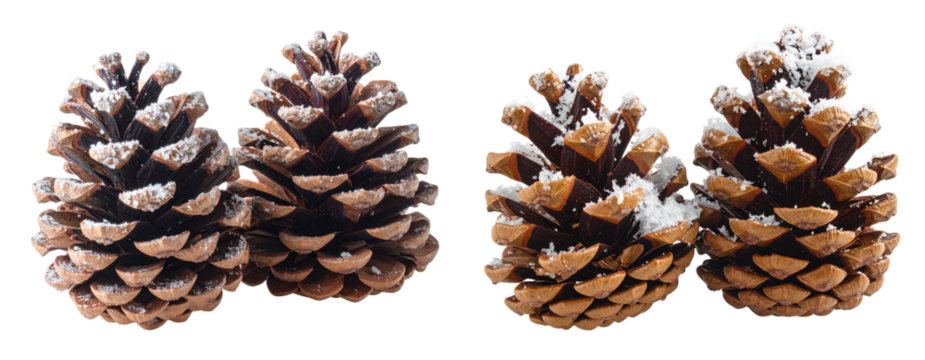 Dual Pinecones with Light Snow Dust, isolated on transparent background