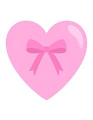 A pink heart is adorned with a lighter pink bow, set against a pristine white background