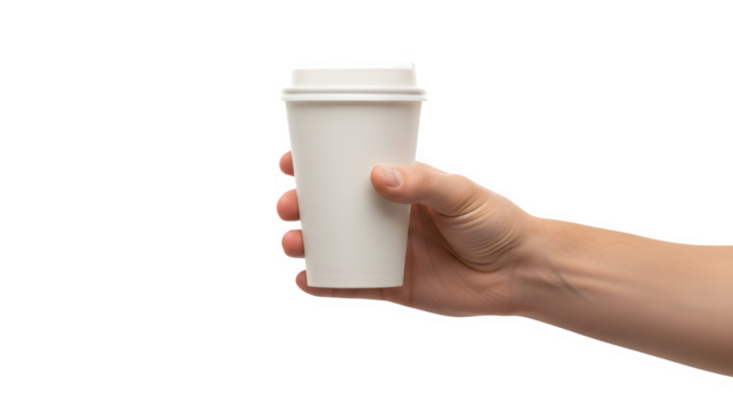 Hand holding a white disposable coffee cup with a lid isolated on transparent background