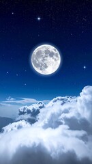 Fototapeta premium A serene celestial scene portrays a full moon radiating in a vast indigo sky speckled with twinkling stars, above fluffy clouds