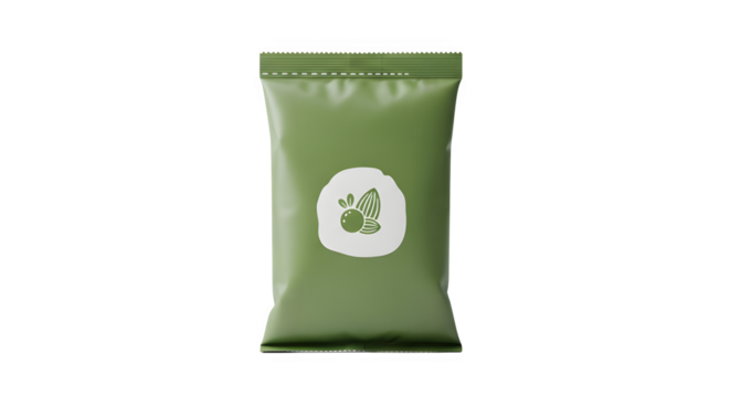 Green rectangular sachet with a white oval label featuring green text and graphics isolated on transparent background